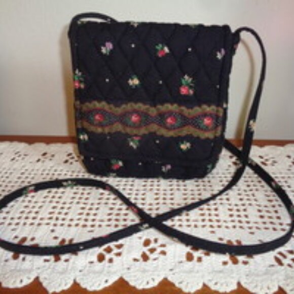 Vera Bradley PETIT POINT Shoulder Crossbody Bag Black Purse Handbag Tote Roses - Picture 1 of 12